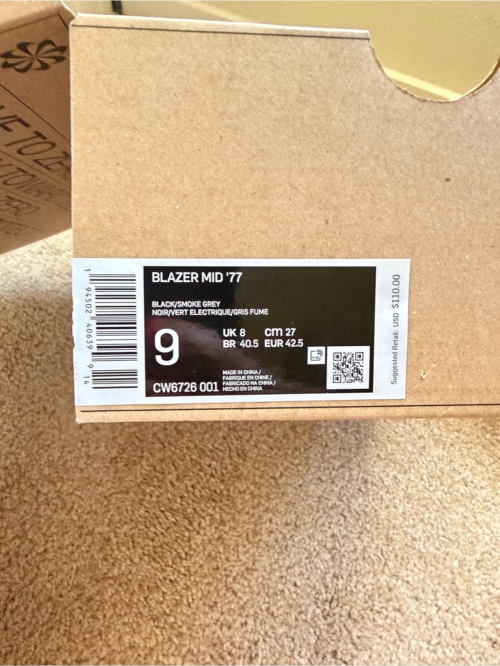 Nike Blazer Mid '77 Black/Smoke Grey Men's Shoe Box